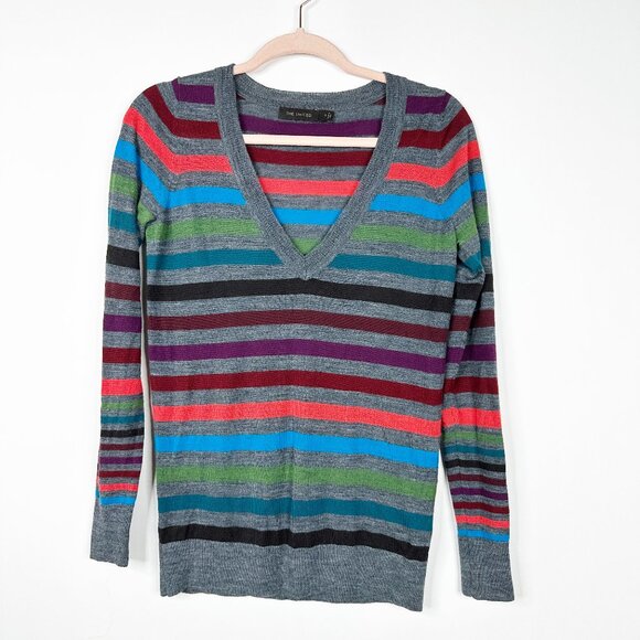 The Limited Rainbow Striped Wool Blend V-Neck Sweater Gray Small #A0528 TRB3 - Picture 3 of 8